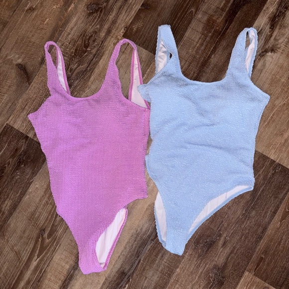 Other - Textured One-Piece Swimsuit - Pink & Light Blue